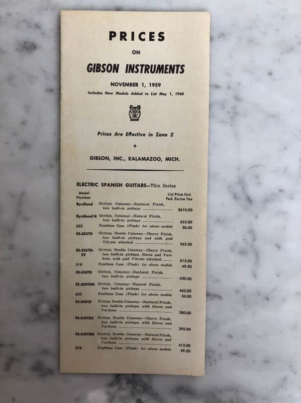 1959-1960 Gibson Price list Case Candy Collector Vintage ES335 Les Paul ES 330 Switchmaster ES345 SG image 1