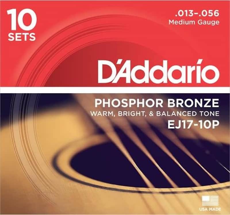 D'Addario 10-Pack Phosphor Bronze Acoustic Strings (Medium 13-56) image 1