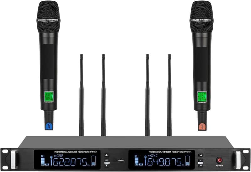 Professional UHF Wireless Microphone System, 2 Channel Metal Microphone Set of 2 Handheld Cordless Mics, Auto Scan,2*100 Frequenciens,Up to 350ft for Singing, Karaoke, Church, Wedding image 1