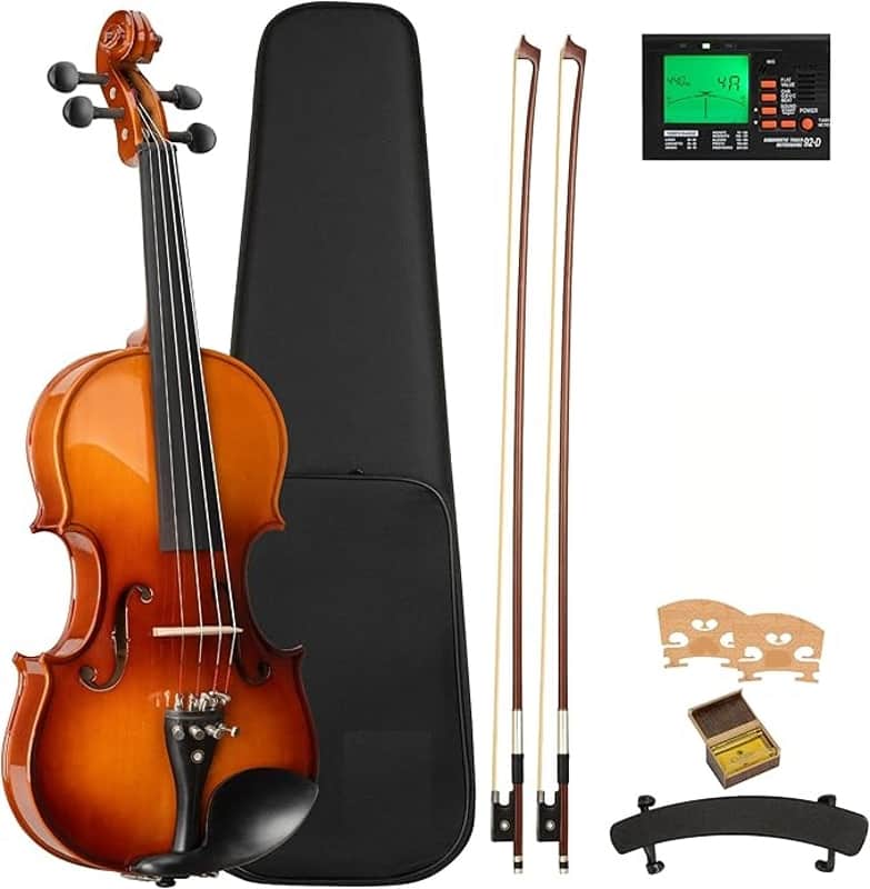 4/4 Violin Set Full Size Fiddle Solidwood Ebony Fitted LEFT-HANDED Violin with Prelude Strings | Complete Set with Hard Case, Bows, Tuner, Rosin & Shoulder Rest image 1