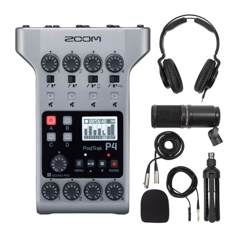 Zoom PodTrak P4next Podcast Recorder Bundle with 2 Mic Packs & Boom Arms image 1