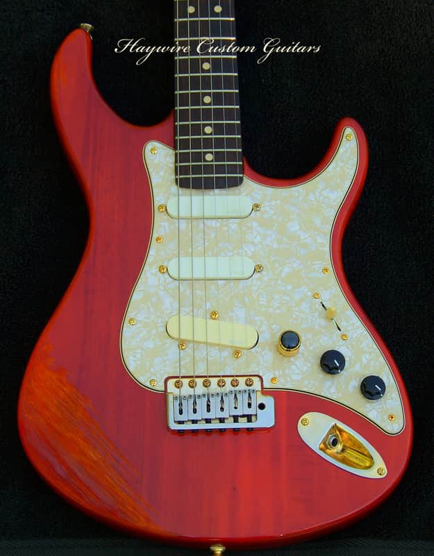 3/4-Sized Custom Shop Cherry Strat Body + Pearl Guard+ Solid Padouk/Ebony Warmoth Neck+ 2 EMG Active SA Pickups +One EMG RT Active Tele Bridge Pickup + Matched Gold Hardware + Graphtech Nut + Leveled & Crowned 6550 Frets with Low Action No string Buzz! image 1