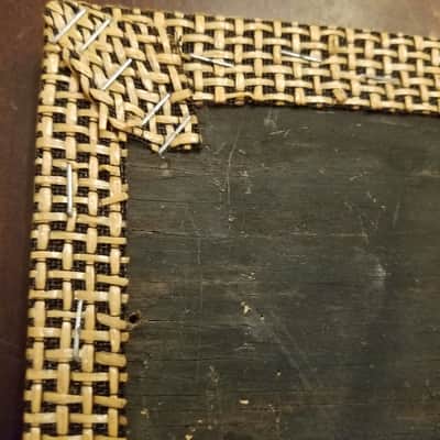 Aeolian vintage pair (2) 16" x 20" woven speaker grille cloth and baffle plywood 1960s - black and tan image 7