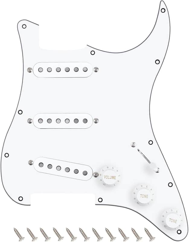 3Ply Loaded SSS Pickguard Vintage Hot F '50s Tones Prewired Strat Pickguard with Staggered Alnico 5 Fiber Bobbin SSS Single Coil Pickups for Fender Stratocaster ST Strat JT/HBZC-02 White image 1