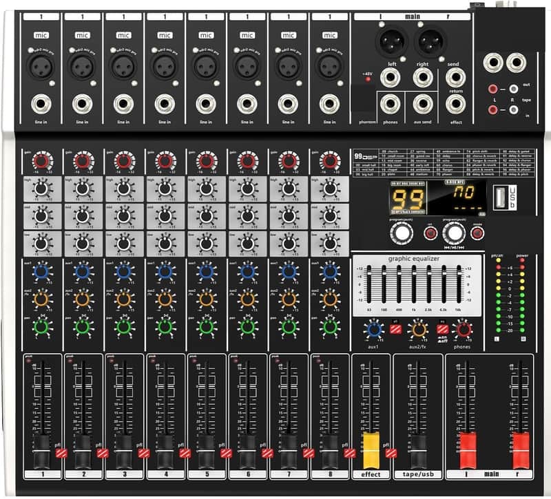 Professional 8-Channel Audio Mixer with 99 DSP Reverb Effects, USB/MP3 Digital Input, 48V Phantom Power - Stereo DJ Mixing Console for PC, Parties, Weddings & Events image 1