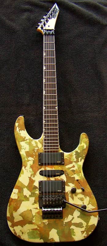 COLLECTORS: VERY RARE "Gold Camo" Original 1989 ESP Mirage Deluxe serial number 91032 Japanese-made "Golden Era" Superstrat Gold Camo" finish with Original ESP Sinclair bridge with Gold Label EMG pickups image 1