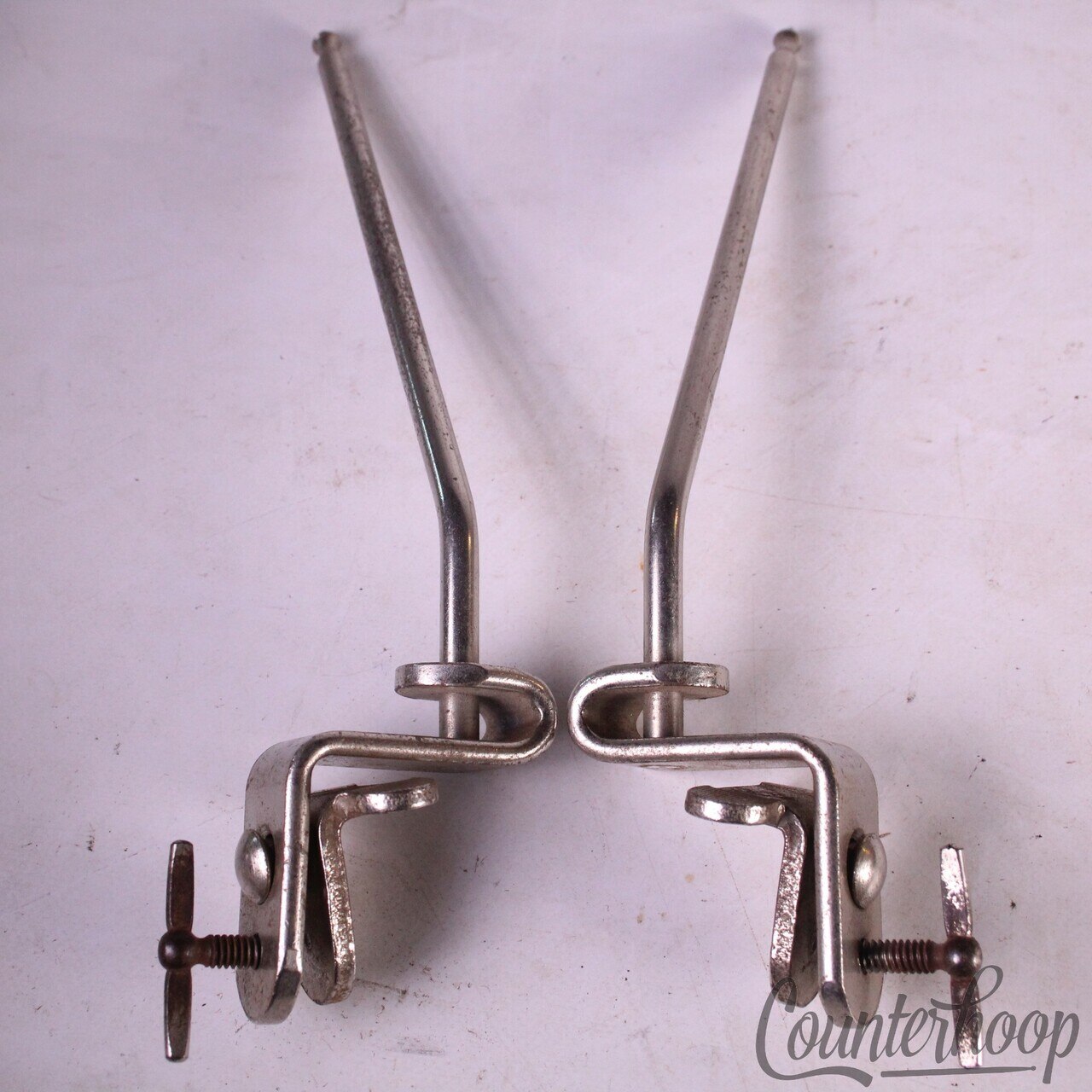 Leedy&Ludwig Clamp-On Bass Drum Spurs/8"Legs-Mounts Nickel Vintage 40s Wood Hoop — main photograph