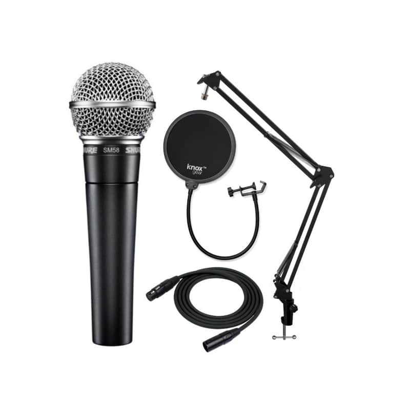 Shure SM58-LC Vocal Microphone with Knox Gear Boom Arm, Pop Filter and XLR Cable image 1