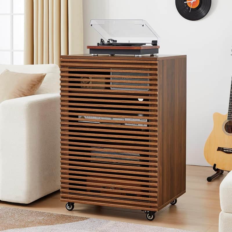 5-Tier Walnut Stereo Rack AV Media Cabinet w/ Adjustable Shelves, Cable Management & Wheels image 1