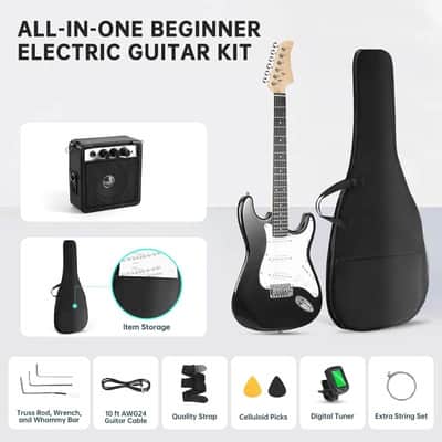 Electric Guitar, 39 Inch Solid Full-size Electric Guitar S-S-S Pickups Starter Kit Includes Amplifier, Bag, Digital Tuner, Strap, String, Cable, Picks，Mini AMP（Green (Black) image 3
