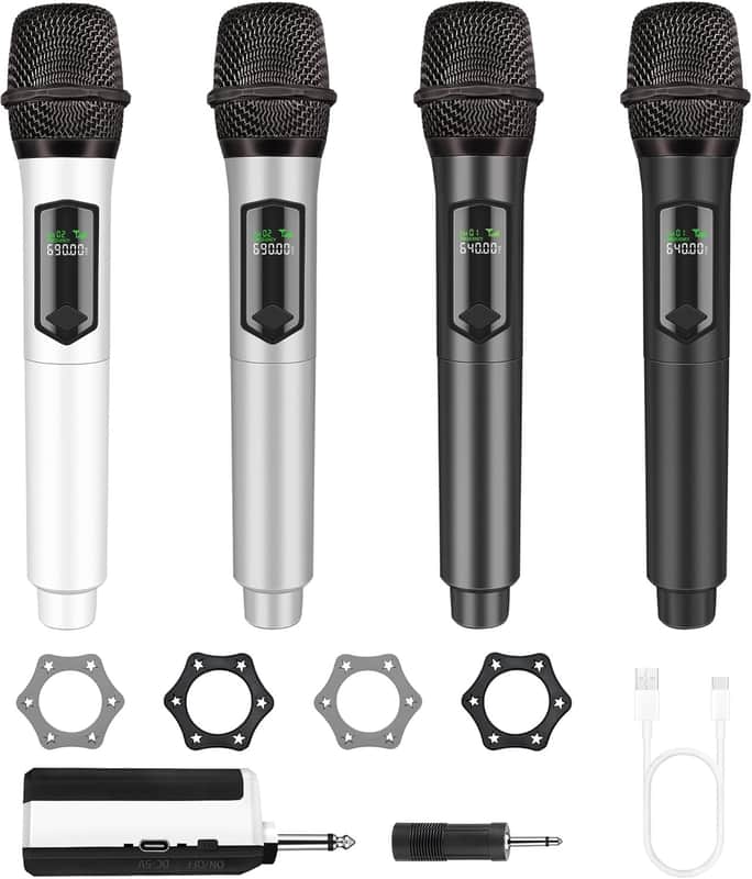 Wireless Microphone Set for Singing, 2.4GHz Rechargeable Handheld Microphones System with Receiver(160 Ft), 4 Pack Cordless Dynamic Mic for Speech & Events, Karaoke Machine, Speaker, PartyBox image 1