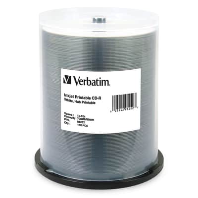 Verbatim 95252 CD-R 52X White Inkjet Hub Printable 700MB/80 Minute 100 Pack image 1