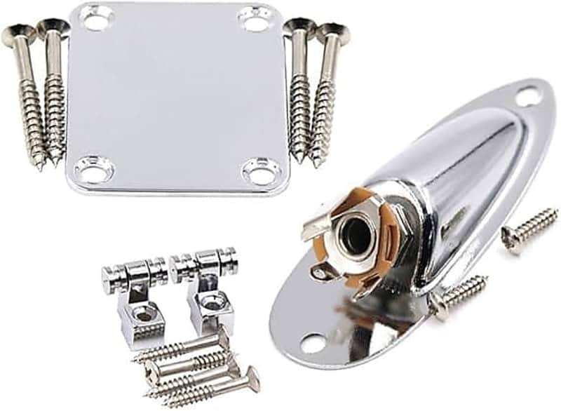 Electric Guitar Roller String Tree String Retainer,Neck Plate and Loaded Jack Socket Plate for Guitar Replacement Parts,with Mounting Screws Silver image 1