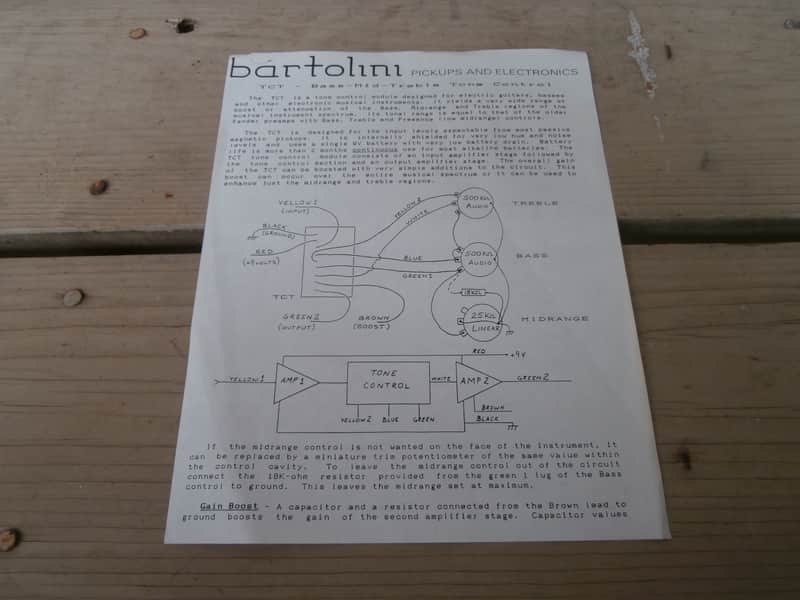Vintage Late 1980's Bartolini TCT Bass-Mid-Treble Tone Control Instruction Sheet! Rare, Original! image 1
