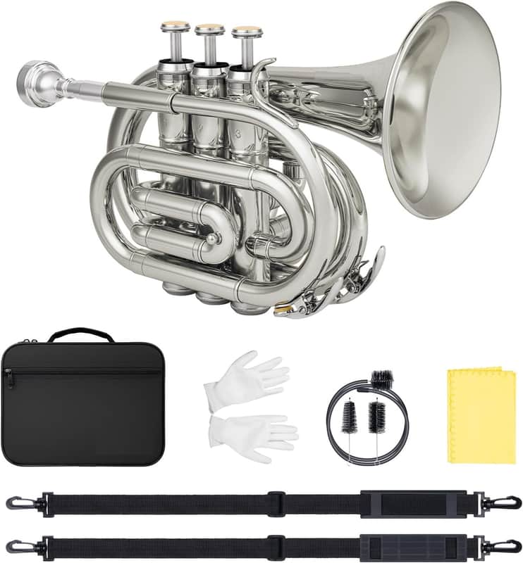 Pocket Trumpet for Beginners Students - Nickel Plated Bb Flat Mini Brass Trumpet Full Kit with 7C Mouthpiece, Hard Case, Gloves & Cleaning Kit image 1