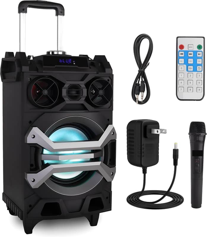 500 Watt Portable BT Connectivity Karaoke Speaker System - PA Stereo with 8" Subwoofer, DJ Lights Rechargeable Battery Microphone, Recording Ability, MP3/USB/SD/FM Radio image 1