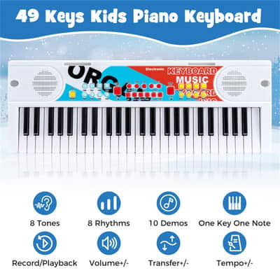 Ozici 49 Keys Kids Electronic Keyboard with Microphone, 8 Tones & Rhythms Educational Music Toy for Age 3+ - White image 8