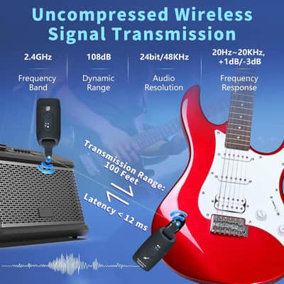 2.4GHz Wireless Guitar System Rechargeable Audio Wireless Transmitter Receiver for Guitar Bass Electric Instruments,Over 30m/100 Feet Transmission,270°Rotatable,4hours Woring Time image 2