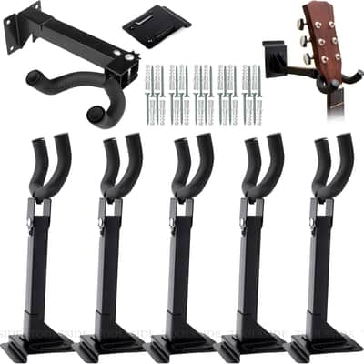 5Pcs Guitar Hanger, Heavy Duty Metal, Wall Mount, 180 Swivel Fork Design, Rubber Tips, Adjustable with Slat Adapter, for Electric Acoustic Bass Guitars and More image 1
