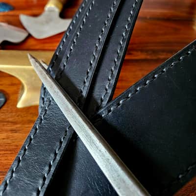 Guitar strap - Hand made and hand stitched leather guitar strap, Black & Black - "Wolf" [SOLD - MORE MADE TO ORDER] image 4
