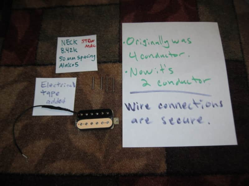 litely reliced player's wear StewMac Neck Humbucker Reverse Zebra (screws on black/flat poles on creme) 8.42k, Alnico 5, 50mm pole spacing, item # 101549 2000s-2010s, +screws/springs (orig 4 conductor wire shortened & 2 conductor wire added, Now 2 con) image 1
