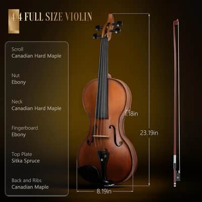 4/4 Violin Set: Ergonomic Body, Solid Spruce Top Fiddle, Maple Back, Acoustic Beginner Violin with Hard Case, Lesson Book, Bow, Shoulder Rest, Tuner, Fretboard Stickers, Matte Brown image 2