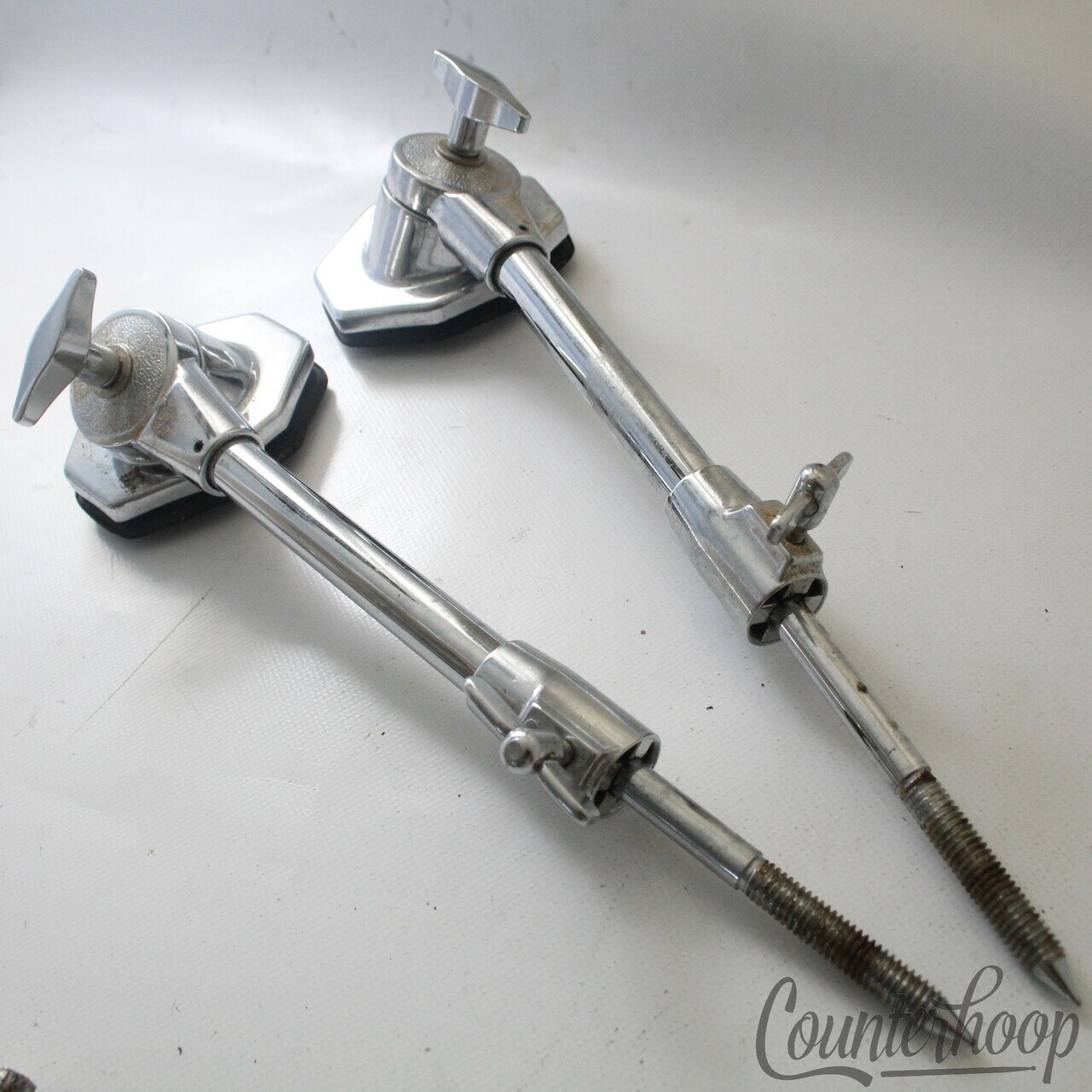 Pearl 2x Bass Drum Spurs+Mounts Heavy Duty Vintage Japan Telescoping Legs Chrome — main photograph