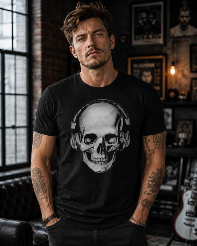 Skull Headphones Graphic Tee Black Rock Music T-Shirt image 1