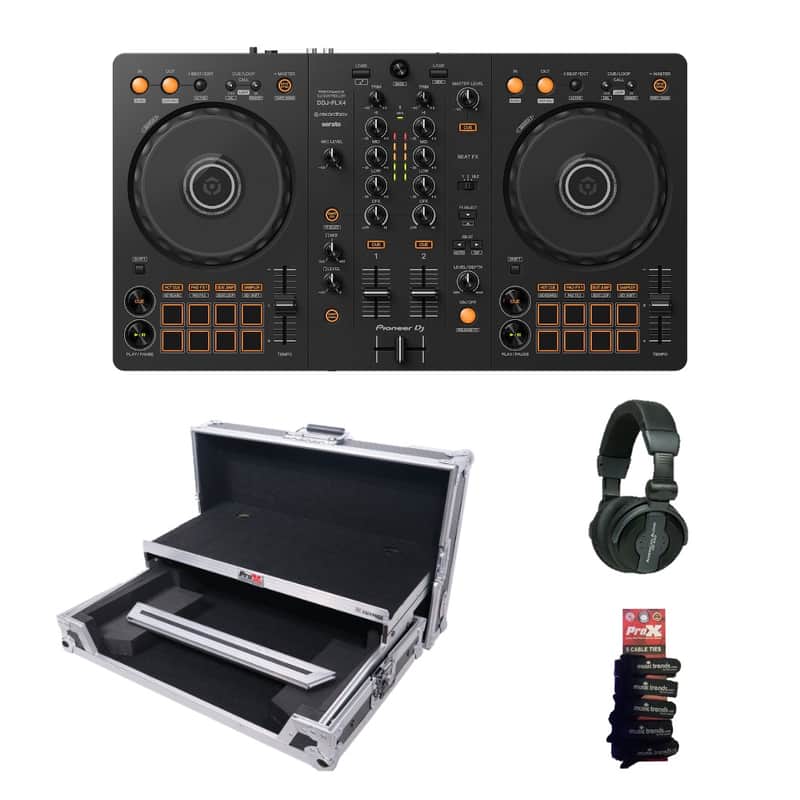 Bundle of Pioneer DJ DDJ-FLX4 2-Channel DJ Controller + Case, Headphones, Ties image 1