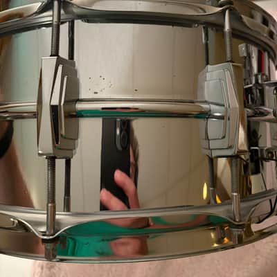Ludwig No. 402 Supraphonic 6.5x14" 10-Lug Aluminum Snare Drum with Pointed Blue/Olive Badge 1969 - 1979 - Chrome-Plated image 20