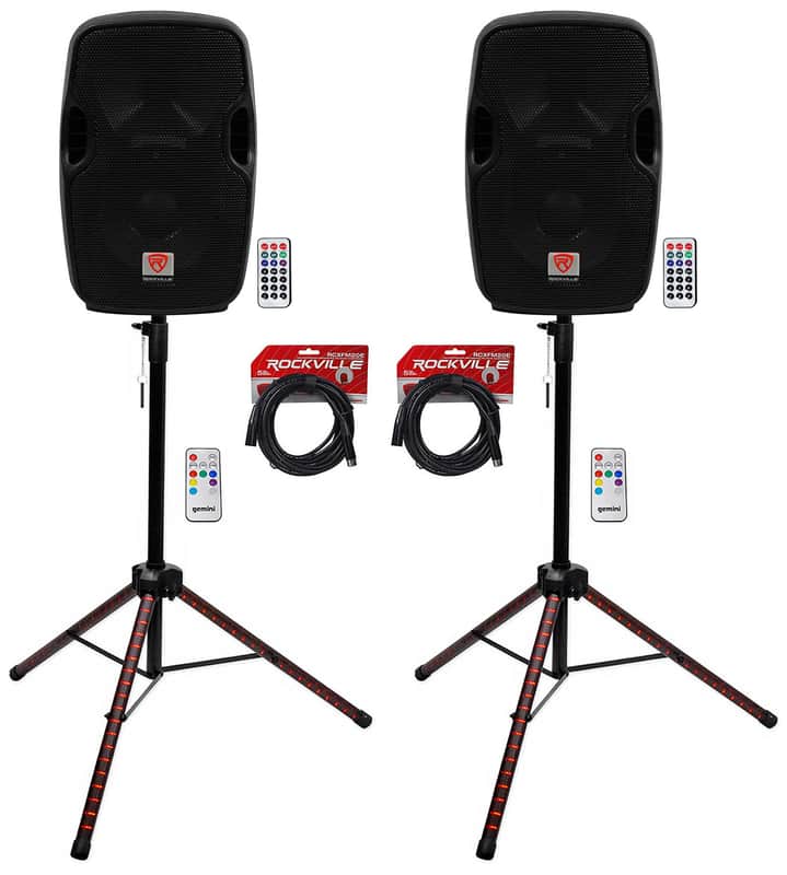 (2) Rockville BPA8 8" Powered 300w DJ PA Speakers wBluetooth+LED Stands+Cables image 1