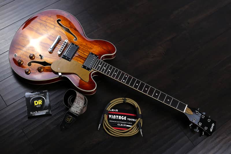 Quincy 335 deluxe style electric guitar Vancouver by Quincy with Black DR strings 2017 Spalted Maple image 1