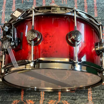 DW Collector’s Series Exotic 6.5 x 14 Snare Drum - Red to Candy Black Burst over Mapa Burl w/Black Nickel Hardware image 8