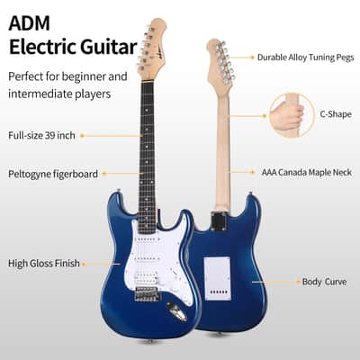ADM Electric Guitar Beginner Kit 39 Inch Full Size Guitar Package with Amplifier, Bag, Strap, String, Tuner, Cable and Picks, BLUE image 2
