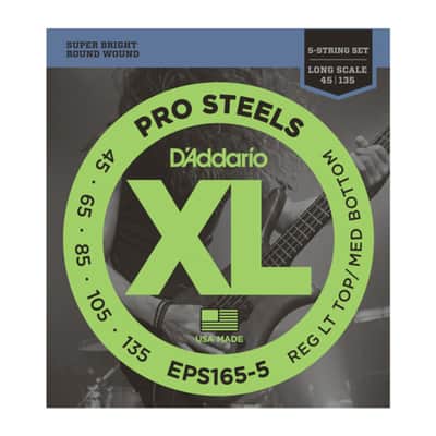 D'Addario Bass Strings Pro Steels 45-135 45-65-85-105-135, EPS165-5 - String Set for 5 String Bass Guitar image 1