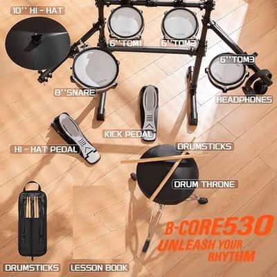 Electric Drum Set: Dual-Zone Quiet Mesh Drum Pads, 10’’ Dual-Trigger Cymbals, Height-Adjustable Rack, 360 Sounds, USB MIDI, Lesson Book, Throne, Sticks, Headphones image 2