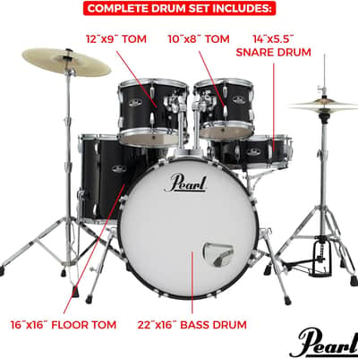 Pearl Roadshow Drum Set 5-Piece Complete Kit with Cymbals and Stands, Jet Black (RS525SC/C31) image 5
