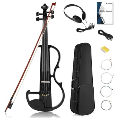 Electric Violin Full Size 4/4, Black Silent Electric Violin, Solid Wood Metallic Electric Fiddle with Ebony Fittings, Beginner Kit for Adults Teens image 1
