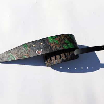Burny Black Handmade Leather Guitar Strap: Black Panther_Carved & Painted, Custom Initials 2026(made to order) - oil image 9