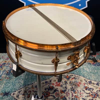 Leedy - 14x5" 8-Lug Multi-Model Snare Drum - White Lacquered Brass with Gold Hardware. 1920s image 17