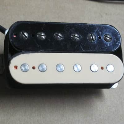litely reliced player's wear StewMac Neck Humbucker Reverse Zebra (screws on black/flat poles on creme) 8.42k, Alnico 5, 50mm pole spacing, item # 101549 2000s-2010s, +screws/springs (orig 4 conductor wire shortened & 2 conductor wire added, Now 2 con) image 12