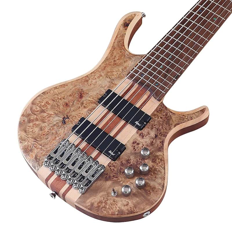 Custom 7 String Electric Bass, Burl Wood Top Body, Maple Neck, 24 Frets Fingerboard Fretboard image 1