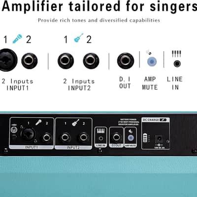 Powered Acoustic Guitar Amplifier- Portable Bluetooth Speaker 80W W/Battery with Reverb Chorus Delay Effect, 6 Inputs,3 Band EQ, Blue image 3