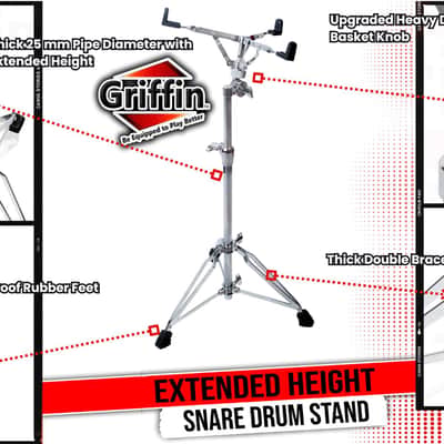 Griffin Snare Drum Stand with Extended Height - Tall Adjustable Height Snare Stand - Concert Stand Up Drum Mount Holder With Basket Clamp Double Braced Percussion Chrome Drum Hardware image 12