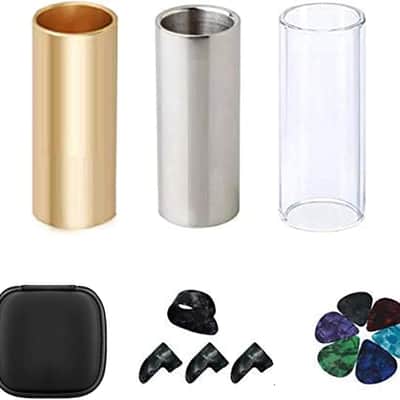 Guitar Slide, Set of 1 Glass Slide, 1 Steel Slide and 1 Brass Guitar Slide, Bonus 6 Pcs Guitar Picks, and 4 Finger Picks image 1