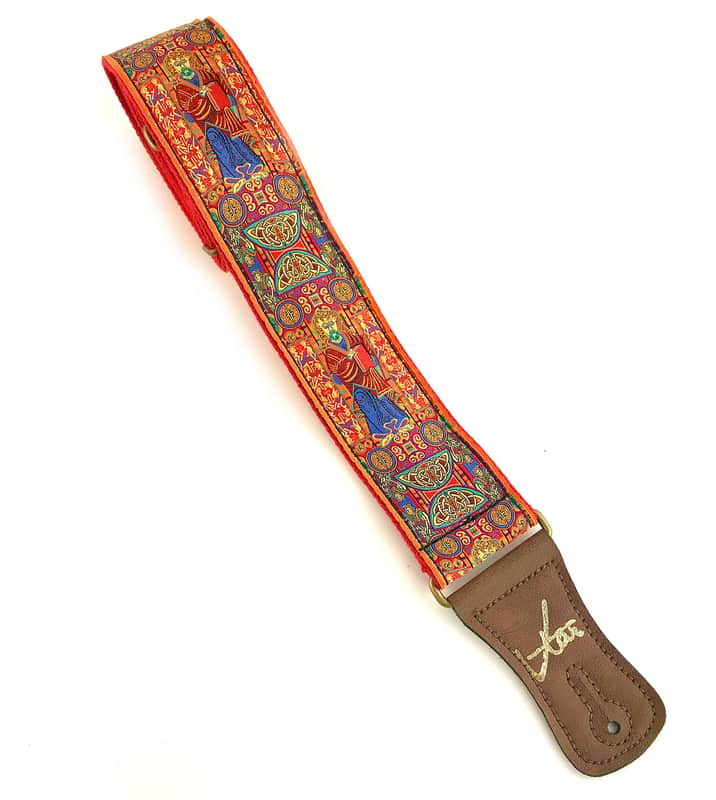 Handmade Red Irish Celtic Book Of Kells Hemp Guitar Strap by VTAR, with Brass Details and Brown Vegan Leather. For Acoustic, Bass and Electric image 1