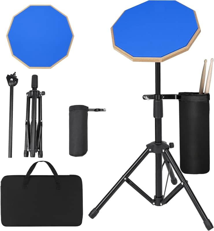 Upgraded 12 Inch Practice Drum Pad with Stand, Sticks and Drum Stick Bucket, Beginner Snare Drum Pad with Drumsticks(one pair) and Carrying Bag, Double Sided Silent Drum Pad (Blue) image 1