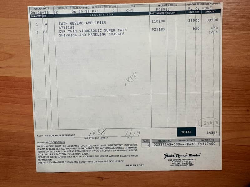 1978 Fender Dealer Invoice Twin Reverb CBS Case Candy Vintage Collector image 1