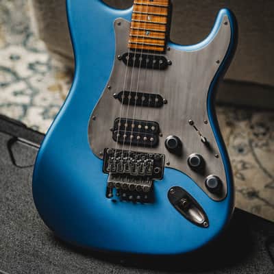 Luxxtone Choppa S HSS Floyd-Matte Lake Placid Blue w/Blackend Aluminum Pickguard & 1-Piece Roasted Flame Maple Neck image 1
