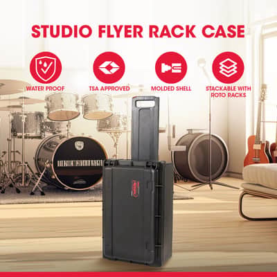 SKB Studio Flyer Rack Case - 2U Waterproof Carry-on with Laptop Surface, Molded Rack Rails, Rubber Cleats and Quiet Wheels, Ideal for Musicians, Black image 2
